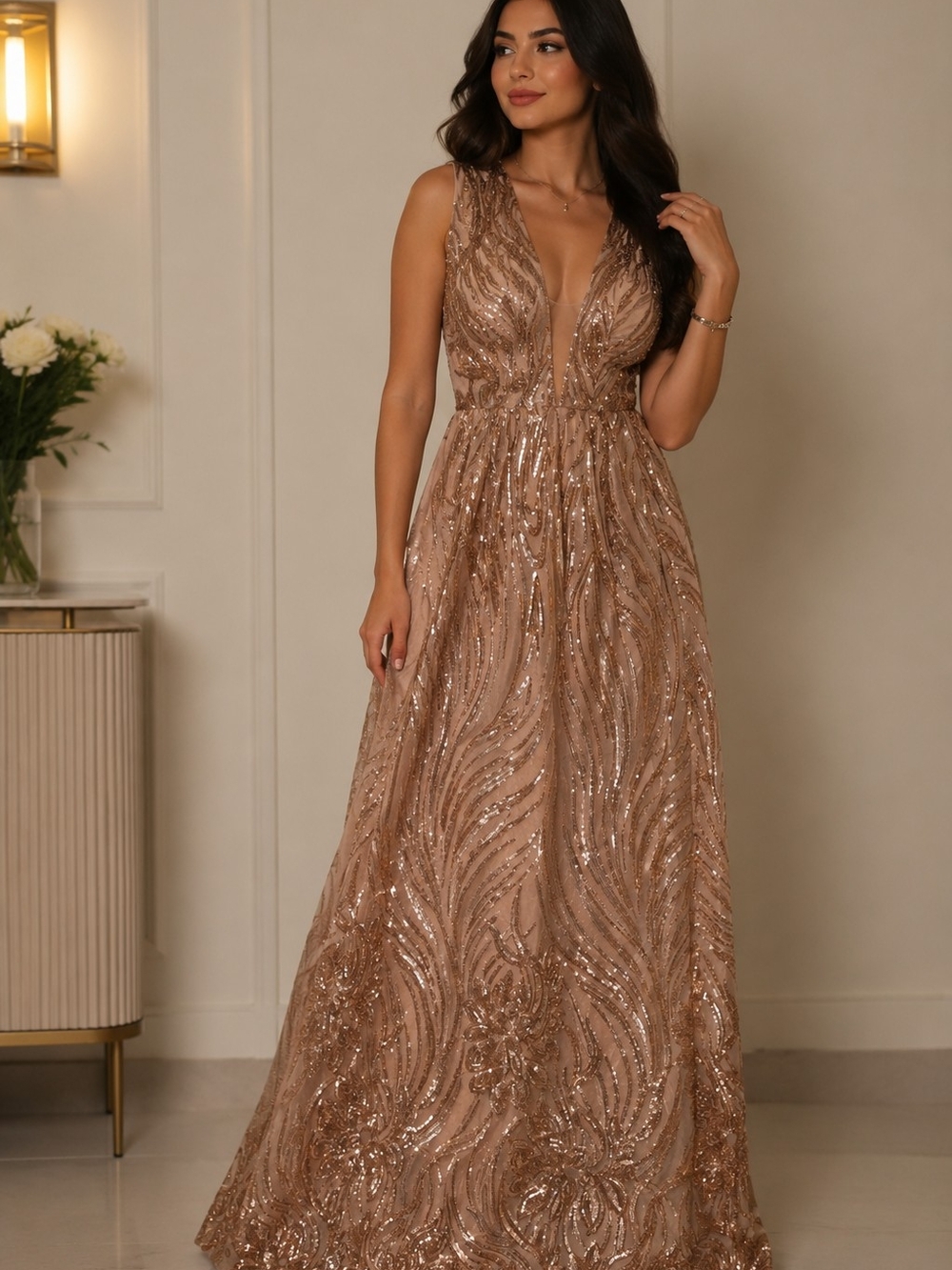 Sequined V-Neck Evening Gown in Rose Gold